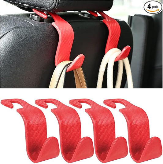4PCS Car Seat Headrest Hooks, Auto Back Seat Hanger Holder, Durable Stylish Vehicle Organizer Universal Car Interior Accessories, Storage Hooks for Purses, Bags, Clothes (Carbon Fiber/Red)