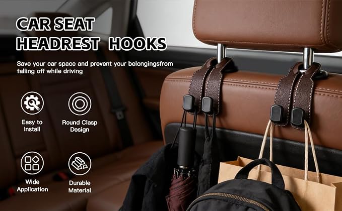 Car Seat Headrest Hooks for Purses and Bags, 4-Pack Heavy Duty Car Seat Hooks with Anti-Slip Pad, Universal Car Backseat Organizer Hanger Accessories for Grocery Bags (Brown)