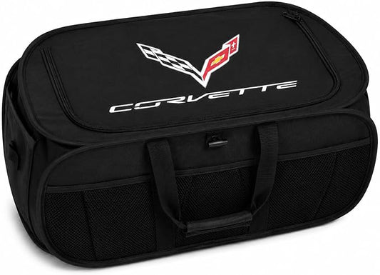 SR1 Performance USA C7 Corvette Trunk Organizer – Expandable Pop Up Collapsible Cargo Storage Caddy for 2014-2019 Chevrolet Corvettes – Black with Crossed Flags Logo