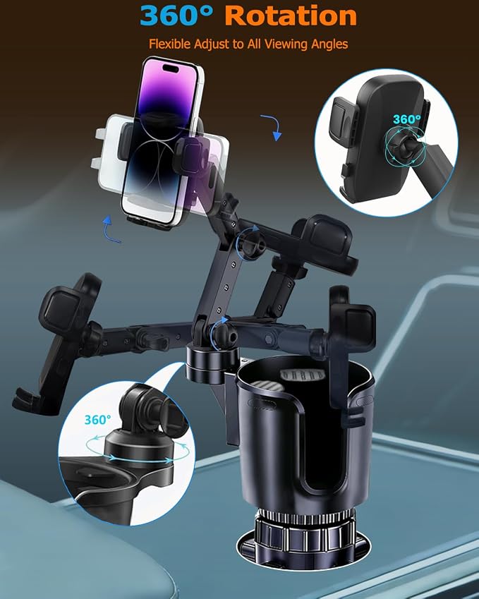 Cup Phone Holder for Car, 2 in 1 Universal Cup Holder Expander with Adjustable Base & Removable Long Arm, 360° Rotation Phone Mount for Car & Truck - Compatible with All Smartphones
