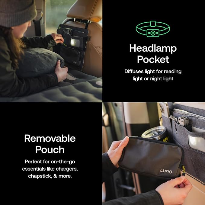 Luno Backseat Car Organizers - Travel Organizer for Road Trip Essentials w/iPad Holder, Snap-On Pouch, Bottle Slot & G-Hooks for Road Trip & Camping - Seat Protector & Organizer Fits All SUVs & Cars