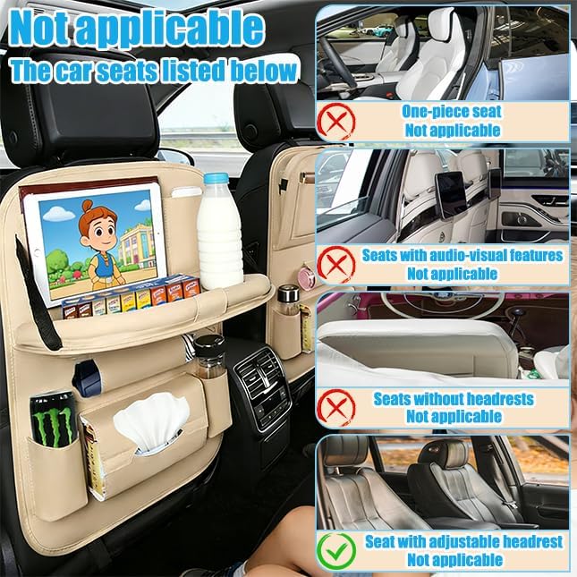 YiYang Car Back Seat Organizer with Foldable Tray, Multi-Pocket Storage, Tablet Holder, Cup Holders (2, Beige)