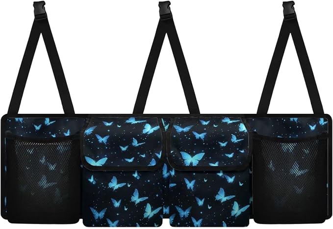 Blue Butterfly Print Car Trunk Organizer with 4 Pockets Hanging Car Backseat Storage Bag Detachable Car Storage Accessories for SUV Sedans Hatchback Crossover Minivan