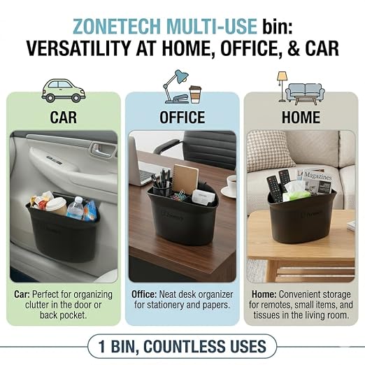 ZONETECH Portable Hanging Mini Car Garbage Can – Classic Black Trash Container - Premium Quality Automotive Universal Compact Traveling Wastebasket for Vehicle,Office,Home (2-Pack)
