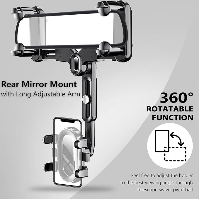 ILKCC Rearview Mirror Phone Holder for Car, 360° Rotating and Retractable Multifunctional Rear View Phone Mount, Upgraded Four Corners Fixed Anti-Shake Fit All Smartphones & Bigger Vehicle