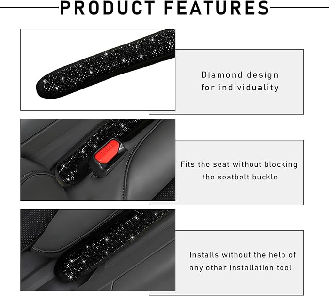 2PCS Bling Car Seat Gap Filler, Sparkling Rhinestone Side Seat Gap Blocker Stop Things from Dropping, Soft Foam Car Truck Filler Blocker Fill The Gaps Between Seats and Console (Black)