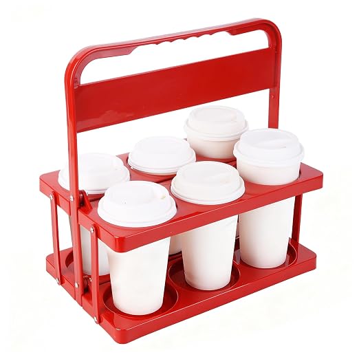 Bodaon 6 Cup Drink Carrier with Handle, Plastic Cup Carriers for Drinks, Drink Holder for Car, Take Out Delivery Drivers, Accessories, Portable Foldable Reusable Mobile, Use for Food Delivery Bag, Red