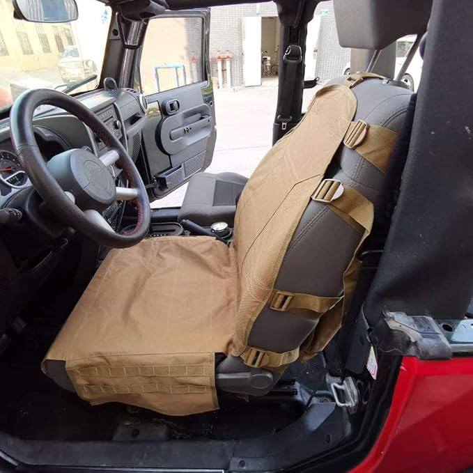 SUNPIE Upgrade Larger Seat Protector Universal Fit Tactical Seat Cover for Trucks Pickup SUV, Compatible with JL/JT, JK, TJ, Compatible with F150 Multi Pockets Molle Seat Back Organizer-Beige