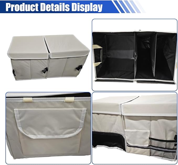 Car Trunk Organizer, Collapsible Multi Compartment Cargo Storage Box with Lid & Reinforced Handles, Adjustable Waterproof Vehicle Storage Organizer Accessories for Car SUV Truck (Beige)