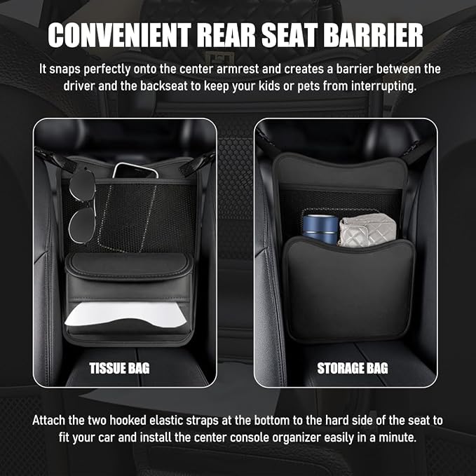 Car Organizer Storage Between Seats, Nappa Leather Front Seat Storage Bag with Tissue Holder, Automotive Console Hanging Net Pocket Handbag Holder for Phone Document (Black)