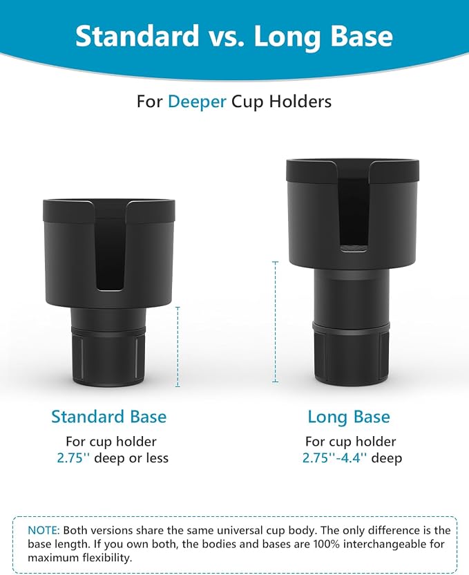Seven Sparta Car Cup Holder Expander (Long Base), Adjustable Expandable Offset Extender, Compatible with Hydro Flasks 32/40 oz, Yeti 20/26/30oz, Owala 24/40oz and Large Bottles in 3.4"-3.8" (Black)