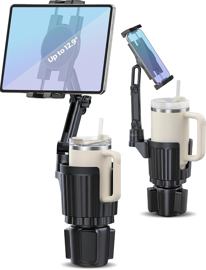 Profortop 2-in-1 Cup Holder Tablet Mount Expander, 2-Section Foldable 15" Height Adjustable Arm & 360° Rotation, Universal Fit for iPad, iPhone, All Smartphones and Most Bottles for Car SUV Truck