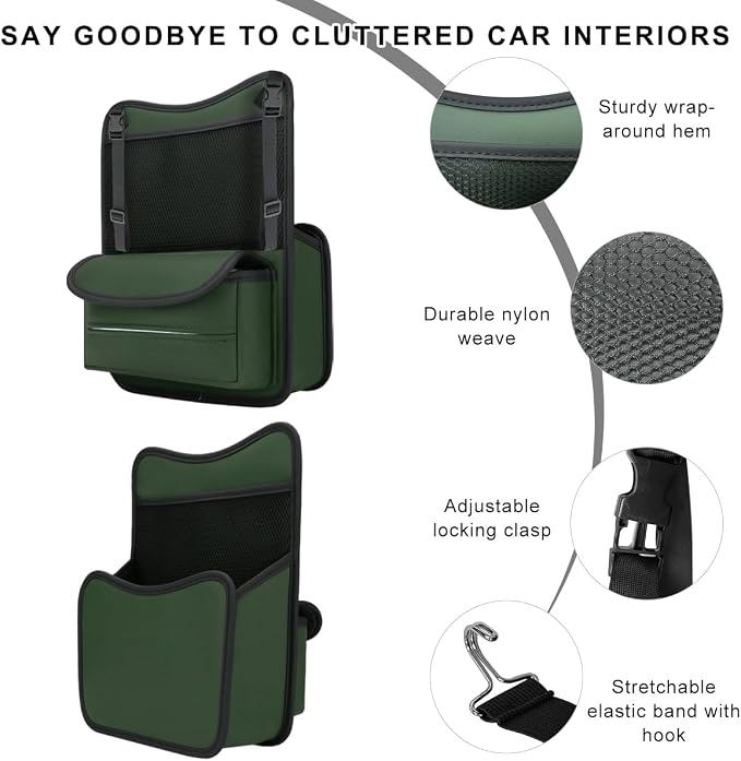 Car Organizer Storage Between Seats, Leather Car Console Hanging Storage Organizer with Mesh Pocket Tissue Box, Multi-Functional Large Capacity Headrest Holder Bag for Purse Snack (Green)