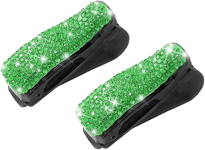Moly Magnolia Bling Car Glasses Holder, 2PCS Handcrafted Crystal Rhinestones Fashion Car Sunglasses Mount with Card Clip for All Sun Visors, Auto Interior Accessories for Women Girl (Green)