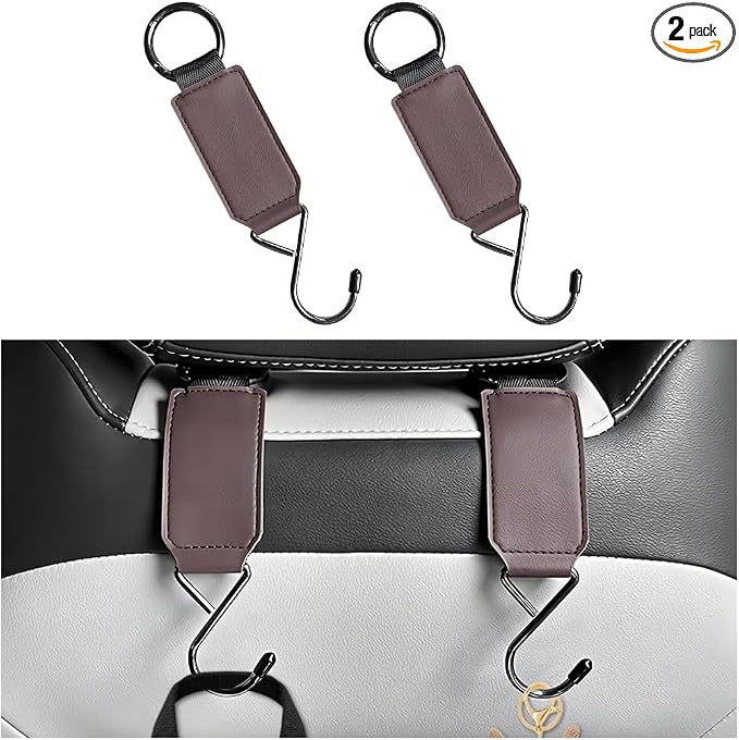 HZEL Car Seat Headrest Hook, 2PCS Multifunctional Vehicle Seat Back Hanger Holder for Purse Bags Coat, Automotive Interior Organizer Storage Hook, Universal for Automobile RV Truck (Brown)