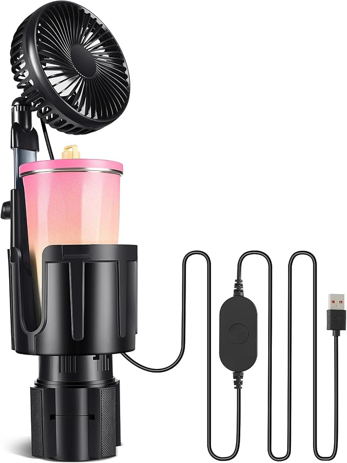Amazicha 3-Speed Car Fan Cup Holder-2 in 1 360° Rotation Cupholder Fan, Expandable Base, USB Car Fan Cup Holder for Car Vehicle Van RV Truck