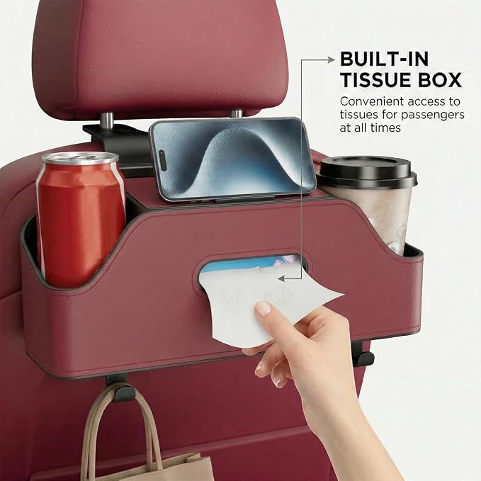 Car Backseat Headrest Organizer, Multifunctional 4-in-1 Back Seat Tissue Box with Cup Holders Hooks, Auto Seat Back Storage Organizer for Hold Phones, Drinks, Bags, Universal Fit (Red)