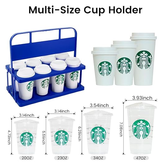 Bodaon 8 Cup Drink Carrier with Handle, Plastic Cup Carriers for Drinks, Drink Holder for Car, Take Out Delivery Drivers Accessories, Portable Foldable Reusable Mobile, Use for Food Delivery Bag, Blue