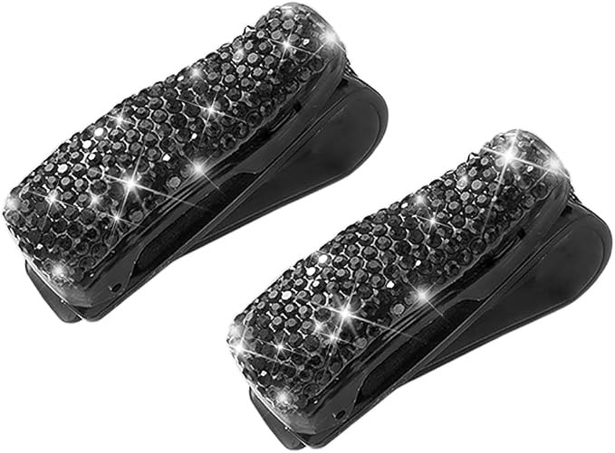 Moly Magnolia Bling Car Glasses Holder, 2PCS Handcrafted Crystal Rhinestones Fashion Car Sunglasses Mount with Card Clip for All Sun Visors, Auto Interior Accessories for Women Girl (Black)
