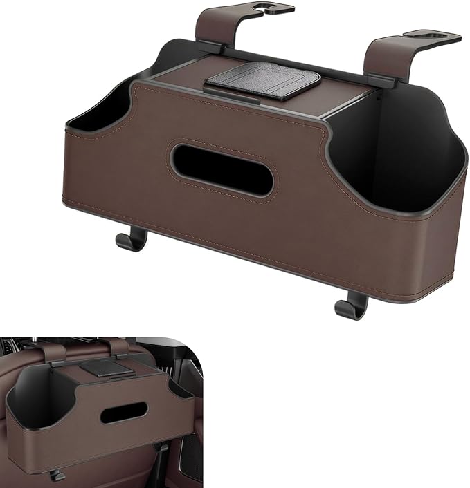 Car Back Seat Organizer, Leather Snap-on Seatback Storage Pocket, Multi-functional Storage Box for Phone Holder Tissues Cup Bracket Hanging Bag, Universal for Most Vehicles (Brown)