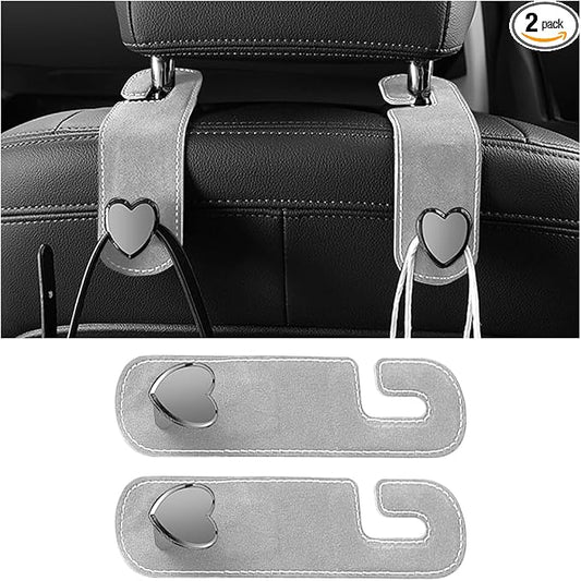 Car Seat Headrest Hook, 2PCS Suede Leather Cute Love Heart Type Vehicle Storage Hanger for Purse Bag, Auto Interior Seat Back Organizer Accessories, Universal for SUV Sedan Truck (Gray)
