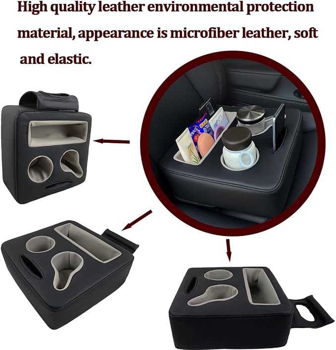 Car Back Seat Cup Holder, Leather Non-Slip Vehicle Rear Seat Drinks Tray Storage Organizer, Automotive Backseat Cup Holder Tray Expander, Universal for SUV Automobile Truck
