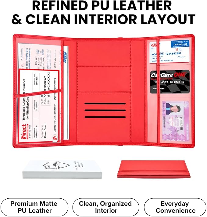 LINTRU Car Registration and Insurance Holder, 12-Pocket Trifold, Glove Box | 3.0mm Reinforced, 16"×9.5" Oversized, Elastic Strap No Magnet, PU Leather, Car Accessories for Men Women