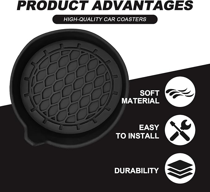 4-Pack Universal Cup Holder Coasters, Black Silicone Inserts - Keep Your Car Clean with Non-Slip & Spill-Proof Coasters for All Vehicles (Black)