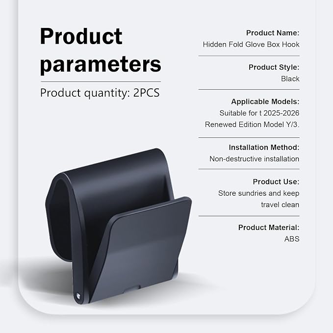 2 PCS Car Glove Box Hooks, Clip-on Design Passenger Seat Storage Hanger, Sturdy Car Interior Travel Storage Organizer for Bag, Umbrella, Compatible with Model Y/3 2025-2026 (Black)
