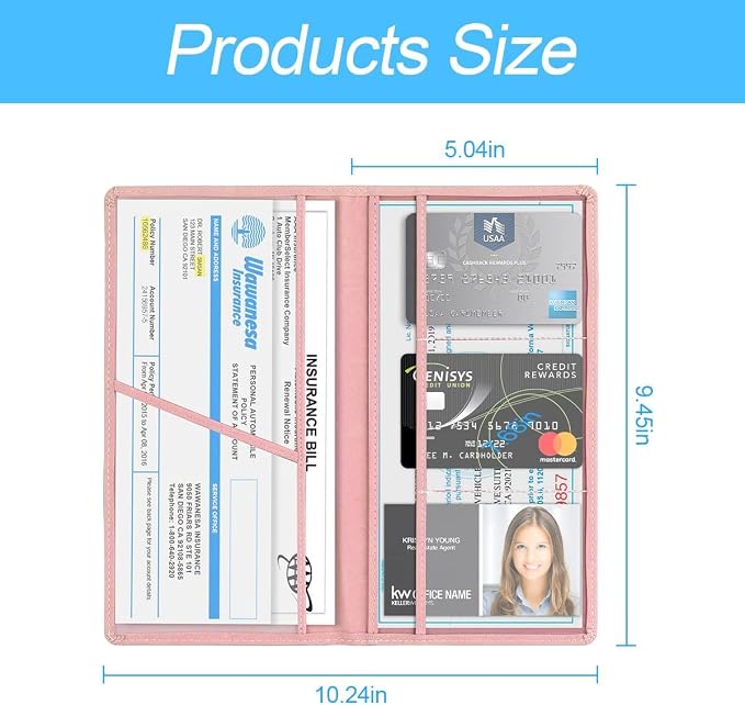 XINLIYA Car Registration and Insurance Card Holder, PU Glove Box Essential Documents Paperwork Driver License Organizer for Car, Wallet Case Auto Vehicle Truck Accessories for Women and Men (Rose