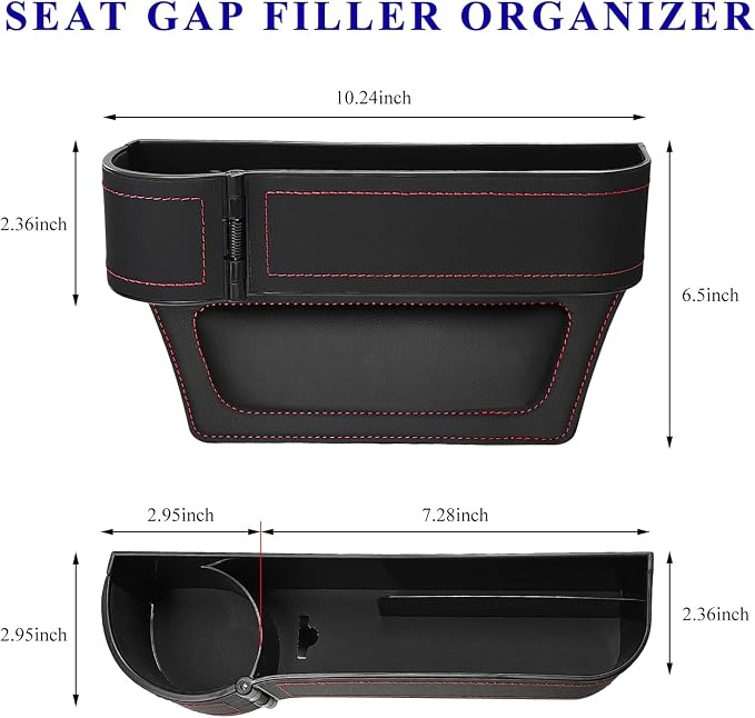 Car Seat Gap Filler Organizer, Auto Leather Seat Organizer with Adjustable Cup Holder, Multifunctional Side Insert Center Console Storage Box for Phone Drink Sunglasses (Black & Red)