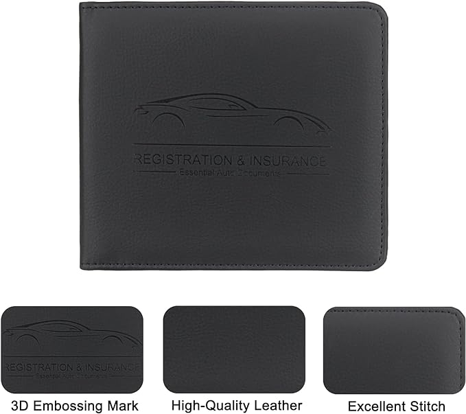 LumiMokki Car Registration and Insurance Holder, Leather Registration and Insurance Card Holder, Vehicle Glove Box Organizer - For Documents, Cards, License (Black)