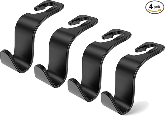 Amooca Car Seat Headrest Hook 4 Pack Hanger Storage Organizer Universal for Handbag Purse Coat Universal fit Vehicle Car Black with Buckle