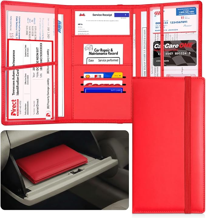 LINTRU Car Registration and Insurance Holder, 12-Pocket Trifold, Glove Box | 3.0mm Reinforced, 16"×9.5" Oversized, Elastic Strap No Magnet, PU Leather, Car Accessories for Men Women