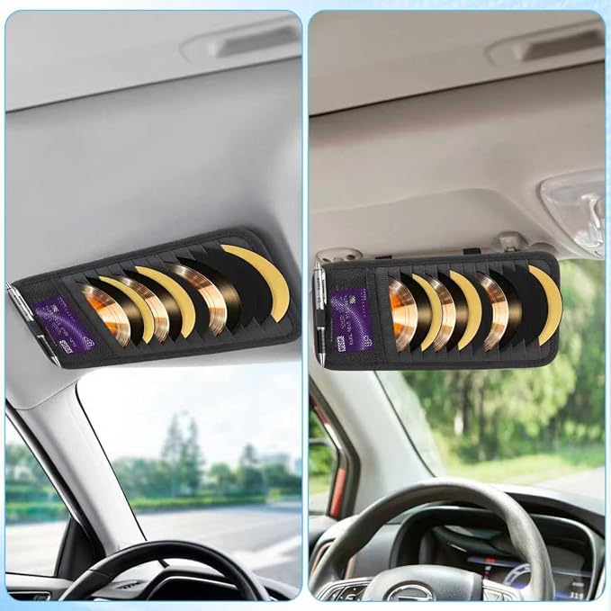 CD Visor Holder, Visor CD Holder 12 DVD Organizer, Elastic Strap | 12 DVD Organizer 1 Mesh Pocket, 1 Pen Holder, For Car
