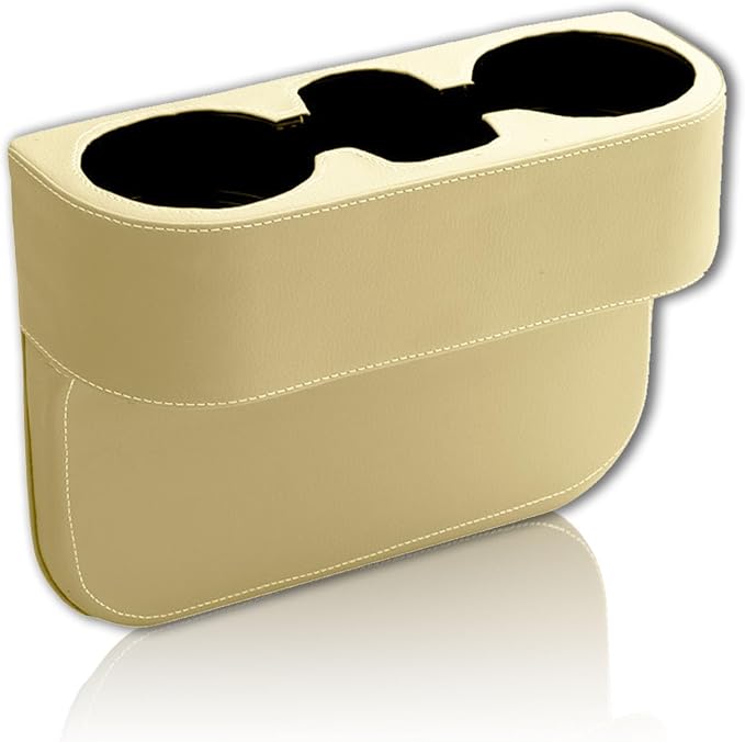 Car Cup Holder, PU Leather Auto Front Seat Organizer, Multifunctional Cup Drink Holders, Gap Filler Storage Box Coin Bucket Console Side Pocket Cell Mobile Phone Holder (Beige)