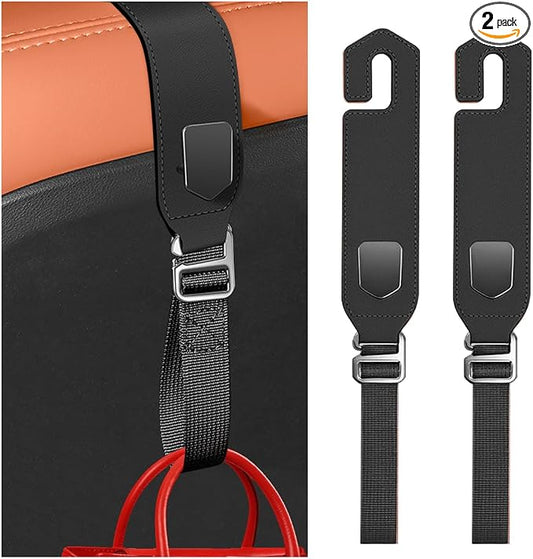 Car Seat Headrest Hooks, 2PCS Adjustable Microfibre Vehicle Seat Back Storage Hanger Holder for Handbag Purse Coat, Auto Interior Headrest Organizer Hook, Universal for SUV RV Lorry (Black)