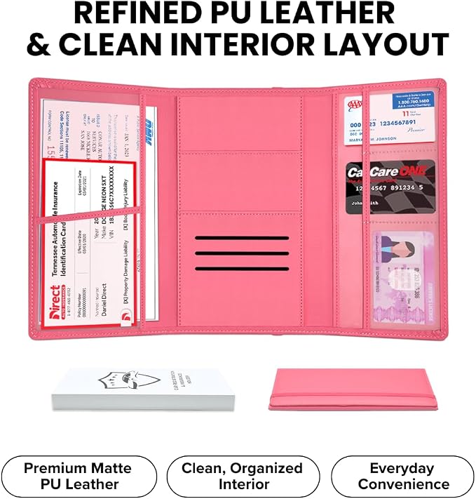 LINTRU Car Registration and Insurance Holder Trifold, Oversized Fit with Reinforced Construction, Matte PU Leather Vehicle Glove Box Organizer for Documents, Car Accessories for Men and Women | 3.0mm Reinforced, 16"×9.5" Oversized, Elastic Strap No Mag...