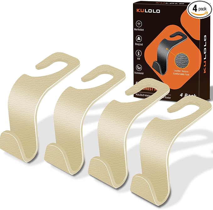 Car Seat Hooks & Purse Holder - 4 Pack Boxed,55 lb Heavy Duty,Eco PP Car Hooks for Purse/Bag/Baby Gear/Gym Bag/Groceries/Cup/,Fits 0.32-0.55”Car Headrest Rods (Beige-2)