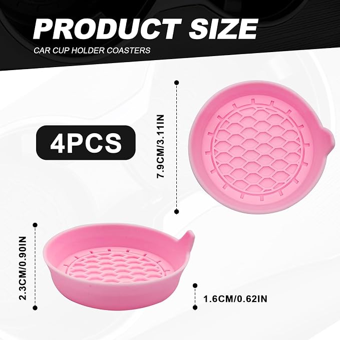 4-Pack Universal Cup Holder Coasters, Black Silicone Inserts - Keep Your Car Clean with Non-Slip & Spill-Proof Coasters for All Vehicles (Pink)