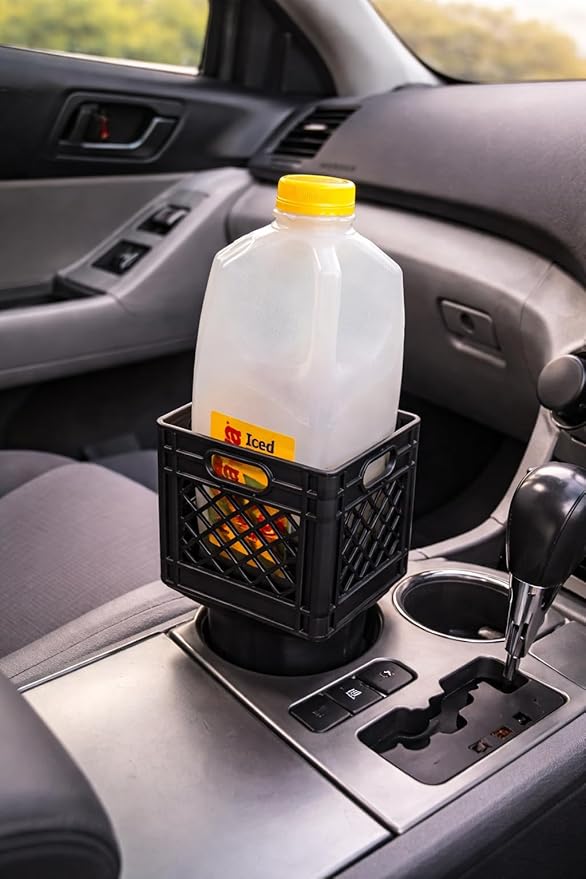 Half Gallon Car Cup Holder Expander,Classic Milk Crate Style Adapter for Square Cartons, Milk Carton Cup Holder Secure Anti-Spill Insert for Juice,Heavy Duty Interior Organizer for SUV&Trucks (Black)