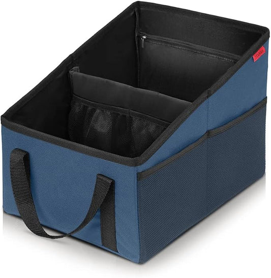 YOOFAN Car Seat Organizer - Passenger Seat Organizer, Collapsible Small Car Seat Storage for Console Front or Back, Automotive Backseat Organizer with Belt 4 Cup Holders for Kids Accessories, Blue