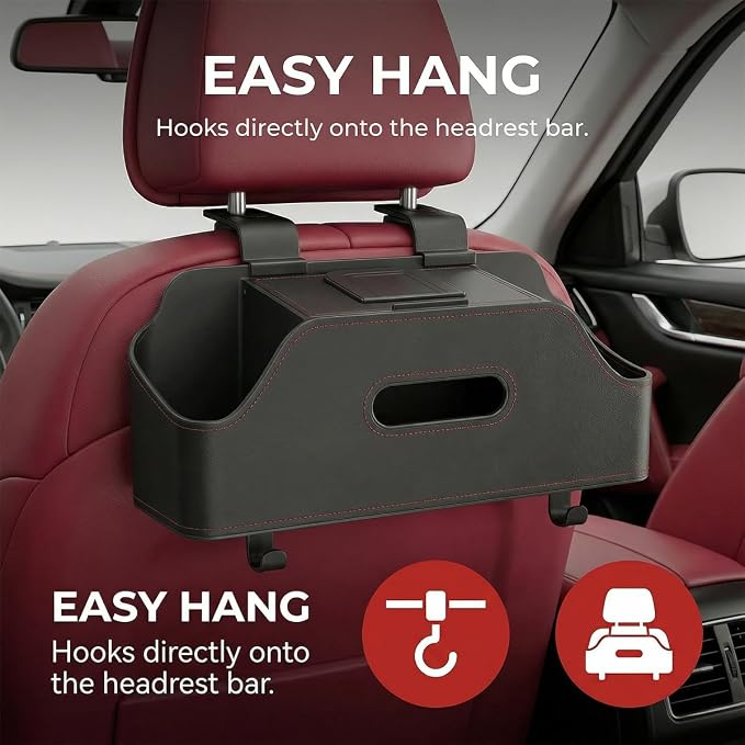Car Backseat Headrest Organizer, Multifunctional 4-in-1 Back Seat Tissue Box with Cup Holders Hooks, Auto Seat Back Storage Organizer for Hold Phones, Drinks, Bags, Universal Fit (Black)
