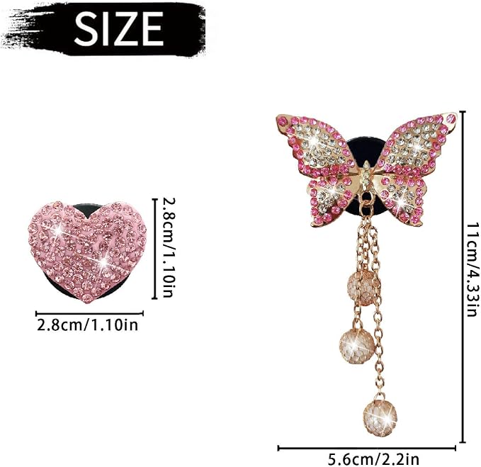 Pink Heart & Butterfly Air Vent Clips, 4 Pcs Bling Heart & Butterfly Air Fresheners Vents Clips Diamond Car Interior Decor Bling Cute Pink Car Accessories Decoration for Women + Heart Mask Hook