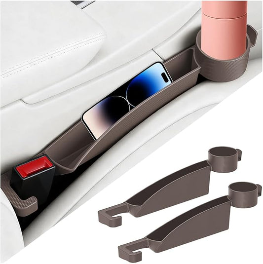 HZEL Car Seat Gap Organizer, 2PCS Dual Slot Anti-Drop Vehicle Console Side Filler Organizer with Cup Holder, Automotive Interior Seat Gap Plug Blocker, Universal for SUV Automobile Truck (Brown)