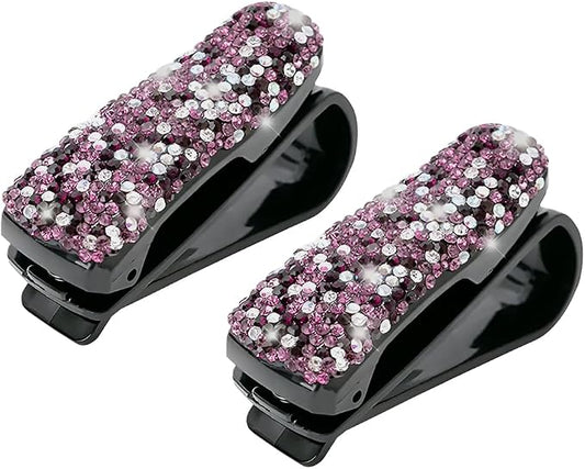 Moly Magnolia 2 PCS Glasses Holders for Car Sun Visor, Fashion Bling Crystal Rhinestones Car Eyeglasses Sunglasses Hanger Mount with Ticket Card Clip for Women Girls (Purple)