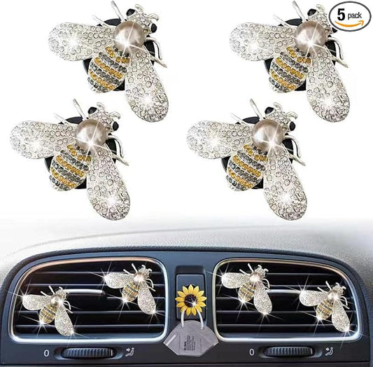 Bling Bee Air Vent Clips, 4 Pcs Crystal Bee Car Air Fresheners Car Diffuser Vent Clip Rhinestone Car Decoration for Women Interior Decor Bling Car Accessories + Sunflower Mask Hook