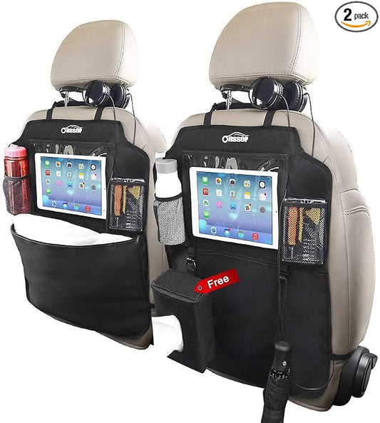 Oasser Seat Back Protector Kick Mats 12.9" I pad Holder 2 Pack XL with 1 Tissue Box Car Seat Organizer Back of Seat Protector Clear 2 Large Car Organizers and Storage