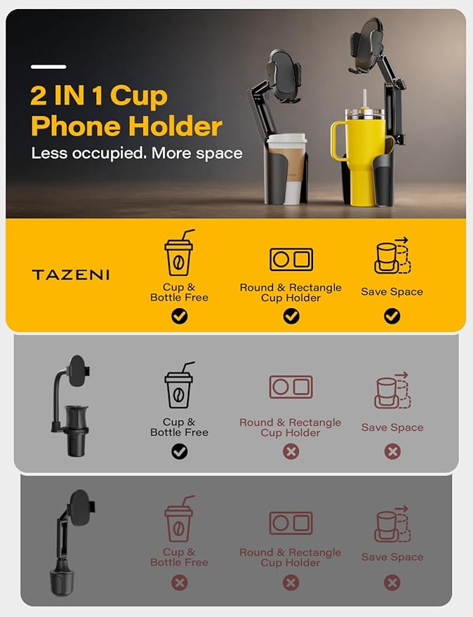 TAZENI 2-in-1 Cup Holder Cell Phone Holder for Your Car Bottle Friendly Cup Cell Phone Holder Mount for Car Height Adjustable Sturdy Fit 4.7-7 inches Phones
