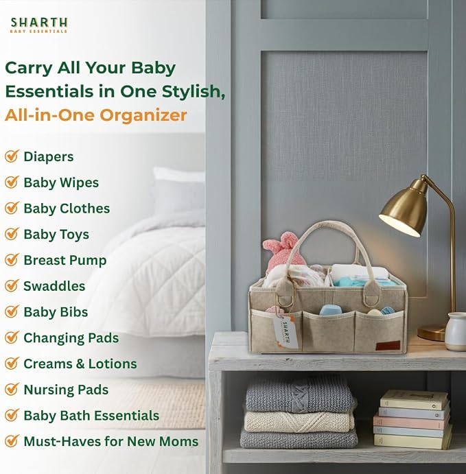 Sharth Baby Diaper Caddy Organizer with Upgraded Stitched Edges – Foldable Felt Nursery Organizer with Handle, Removable Dividers & 8 Outer Pockets, Portable Baby Shower Registry Gift (Beige)
